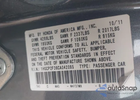 2012 Honda Accord 2.4 Lx из США, поврежденный, VIN 1HGCP2F36CA042095